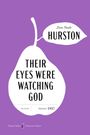 Titel: "Their Eyes Were Watching God". Zora Neale Hurston. Lila Hintergrund, weiße Birnenform-Illustration.