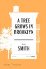 "A Tree Grows in Brooklyn", Betty Smith, veröffentlicht 1943. Silhouette eines Gebäudes und Baumes auf orangefarbenem Hintergrund.