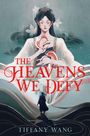 "The Heavens We Defy. Tiffany Wang." Eine Illustration einer Frau mit geschlossenen Augen und floraler Verzierung im Haar.