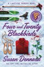 „A Lakeside Murder Novel. Four and Twenty Blackbirds. Susan Dennard.“ Skier, Spitzenschuhe, Jacke, Rose und Kuchenstück.