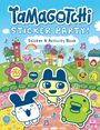 "Tamagotchi Sticker Party! Sticker & Activity Book. Über 750 Sticker!" Cartoon-Figuren in bunter Landschaft mit Blumen und Musiknoten.