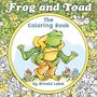Text: "Frog and Toad", "The Coloring Book", "by Arnold Lobel". Illustration: Ein Frosch reitet auf einem Krötenfreund, umgeben von Blumen.