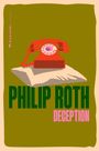 "PHILIP ROTH DECEPTION" in grüner und pinker Schrift, ein rotes Telefon auf Papier, Hintergrund olivfarben.