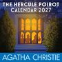 "The Hercule Poirot Calendar 2027" und "Agatha Christie". Eine Illustration mit Schattenfiguren vor einem erleuchteten Fenster.