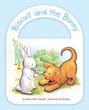 Text: „Biscuit and the Bunny“. Illustration: Ein Hund spielt freudig mit einem Hasen in einem Garten.