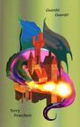 Text: Guards! Guards! Terry Pratchett  
Illustration: Bunter Drache, der Flammen auf eine mittelalterliche Stadt spuckt.