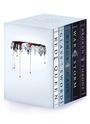 Fünf Bücher: "Red Queen", "Glass Sword", "King's Cage", "War Storm", "Broken Throne". Eine Krone, von der rote Flüssigkeit tropft.