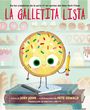 "La Galletita Lista" in rosa Schrift. Keks mit Augen und Regenbogen-Streuseln hält einen Bleistift, umgeben von Gebäck.