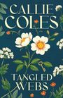 „CALLIE COLES: TANGLED WEBS“; Illustration mit Blumen und einem Schlüssel auf dunkelblauem Hintergrund.