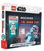 Texte: "INCLUDES STORMTROOPER MINIFIGURE", "DISCOVER THE DARK SIDE", "6+", "5 pcs", "ACTIVITY PAD AND GUIDEBOOK". Eine LEGO Star Wars Box mit Stormtrooper.