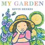 "My Garden" und "Kevin Henkes". Illustration eines Mädchens mit Strohhut, Blumen und Schmetterlingen.