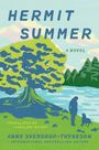 "Hermit Summer: A Novel" von Anne Sverdrup-Thygeson. Illustration: Baum am See, Person mit Hund.