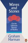 Text: "Waves and Stones, On the Ultimate Nature of Reality, Graham Harman." Blaues Muster mit roten und blauen Kreisen.
