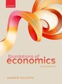 „Foundations of Economics“, sechste Edition, von Andrew Gillespie. Dynamische, orangefarbene Bänder auf beigem Hintergrund.