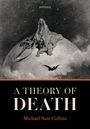 "OXFORD. A Theory of Death. Michael Nair-Collins." Eine Gestalt mit Sense sitzt auf einem Planeten, umgeben von Sternen.
