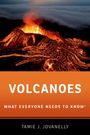 Oben: "VOLCANOES". Mitte: "WHAT EVERYONE NEEDS TO KNOW". Unten: "TAMIE J. JOVANELLY". Vulkan mit Lava bei Nacht.