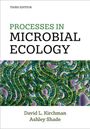 Titel: "Processes in Microbial Ecology". Autoren: David L. Kirchman, Ashley Shade. Abstrakte grüne Struktur im Hintergrund.