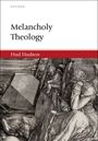 "Melancholy Theology" von Hud Hudson. Illustration zeigt eine nachdenkliche Person mit Flügeln, einem Würfel und einem schlafenden Hund.