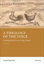 "A THEOLOGY OF THE VOICE", Hühner mit Musiknoten, kunstvolle Zeichnungen, Buchtitel von Carol Harrison, Oxford.