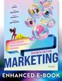 "Marketing Seventh Edition, Enhanced e-Book." Illustration mit bunten Blasen, Chat-Symbol und bunten Gegenständen.