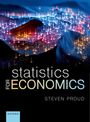 Text: "statistics for ECONOMICS", "STEVEN PROUD", "OXFORD". Bunte Datenpunkte auf dunklem, welligem Untergrund.