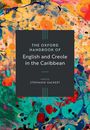Text auf dunklem Hintergrund: "The Oxford Handbook of English and Creole in the Caribbean, edited by Stephanie Hackert." Bunter, abstrakter Hintergrund.