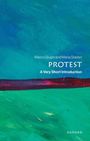 Titel: "Protest: A Very Short Introduction" von Marco Giugni und Maria Grasso. Hintergrund in Blau und Grün mit Farbtupfern.