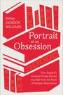 Text: "Kelsey Jackson Williams, Portrait of an Obsession. How England’s Greatest Private Library was Built from the Ruins of Europe’s Monasteries." Stilisiertes Buchdesign in Rot und Weiß.