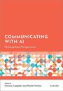 „COMMUNICATING WITH AI“, philosophische Perspektiven. Buntes geometrisches Muster auf weißem Hintergrund.