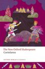 "The New Oxford Shakespeare: Coriolanus." Zwei Krieger in antiker Rüstung stehen sich gegenüber, umgeben von stilisierten Bäumen.