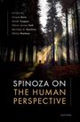 Texte: "Edited by Ursula Renz, Sarah Tropper, Oliver Istvan Toth, Barnaby R. Hutchins, Philip Waldner" und "SPINOZA ON THE HUMAN PERSPECTIVE". Im Wald streift Licht durch Bäume, Person im Hintergrund.