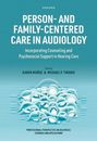 Große, weiße Schrift auf blauem Hintergrund: „Person- and Family-Centered Care in Audiology“. Illustration von stilisierten Wellen.