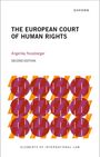 "The European Court of Human Rights, Angelika Nussberger, Second Edition, Elements of International Law" in schwarzem Text. Darunter ein geometrisches Muster aus Kreisen und Dreiecken in Rot, Orange und Lila.