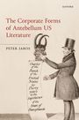 Texte: "The Corporate Forms of Antebellum US Literature"; "Peter Jaros"; "Charter of the Bank of the United States...". Illustration: Mann im Frack mit Papierrolle und Tierkopfstab.
