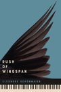 "RUSH OF WINGSPAN, ELEONORE SCHÖNMAIER." Dunkle Vogelfedern vor blauem Hintergrund, unten Klaviertasten.