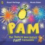 Oben steht "Stuart Heritage" und "Nicola Slater". Zentral "PAM", unten "The Tortoise Who Doesn't Fart Fireworks". Eine Illustration einer Schildkröte mit buntem Feuerwerk im Hintergrund.
