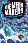 Text: „S J King’s The Myth Makers: A Heist in Ancient Greece“. Illustration: Hydra auf stürmischer See, zwei Kinder auf einem Floß.