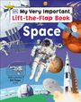 Text: "My Very Important Lift-the-Flap Book: Space." Astronaut im All, Raketen, Satelliten, Planeten im Hintergrund.