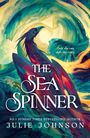 „The Sea Spinner“. „Only she can shift the tides.“ Illustration: Farbiges, fantasievolles Wesen vor tosenden Wellen.