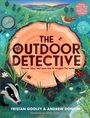 "Buchtitel: The Outdoor Detective - Uncover clues and learn how to navigate the world. Naturillustration mit Tieren."