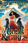 Der Text lautet: "Brimming over with myth and magic" – Charlotte Bond, "Blood of Gods & Girls", "When she bleeds, the kingdom falls." Drei Figuren stehen vor einer dramatischen Kulisse mit fliegenden Vögeln und Farben.