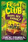 "Fright Club: Ready, Set, Ghoul!" Vier Kinder in einer Geisterbahn, umgeben von grünen, gelben Tönen und Fledermäusen.