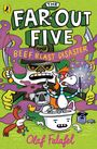 "THE FAR OUT FIVE: BEEF BLAST DISASTER" in bunten Buchstaben, mit Comic-Figuren, darunter ein Einhorn und ein Pirat.
