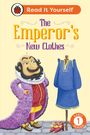 „Read It Yourself; The Emperor's New Clothes“ steht über einem kaiserlichen Charakter in lila Mantel, blaues Gewand daneben.