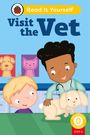 "Visit the Vet" oben, "Beginner Reader 0 Step 5" unten. Illustration eines Tierarztes mit Kind und Kaninchen.