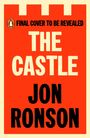 Text: "FINAL COVER TO BE REVEALED. THE CASTLE. JON RONSON." Oben links ein Logo mit Pinguin. Hintergrund in leuchtendem Orange.