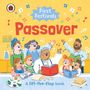 "First Festivals: Passover" Titel. Fröhliche Menschen singen zusammen, mit Musiknoten und einem gedeckten Tisch davor.