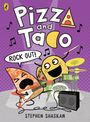 "Pizz and Taco, Rock Out!", Illustration: Pizza spielt Gitarre, Taco am Schlagzeug, fröhliche Musiknoten in lila Hintergrund.