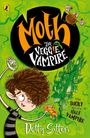 „Moth: The Veggie Vampire“ in großen Buchstaben. „The sucky life of a half-vampire“. Illustration: Kind mit Pizza.