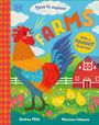 „Time to explore FARMS. With a FOLDOUT Surprise! Andrea Mills Mariona Cabassa.“ Ein bunter Hahn, Küken und roter Stall.